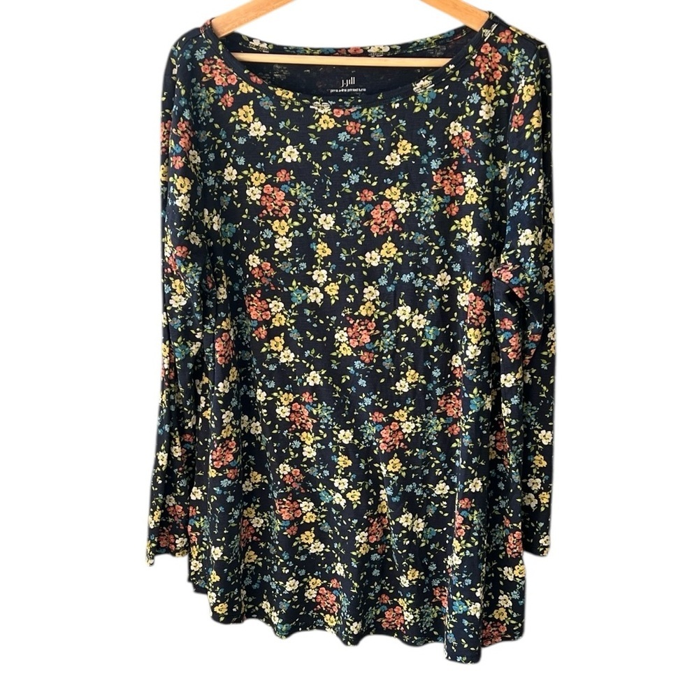 J.Jill XL Navy Pima A-Line Printed Tunic Floral Long Sleeve